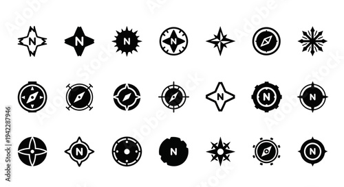 A collection of twenty-one distinct black navigation symbols on a clean white background from a straightforward frontal viewpoint