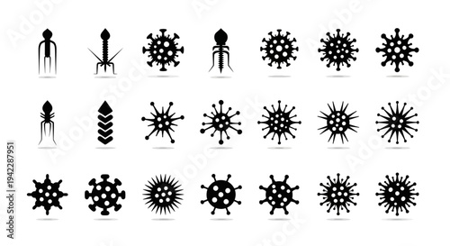 Collection of Various Virus and Microorganism Illustrations on White Background from Direct Viewpoint