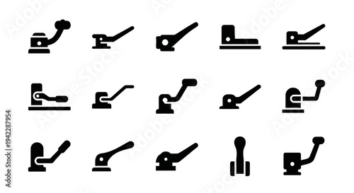A collection of 15 black icons representing machinery parts displayed on a white background from a straightforward viewpoint