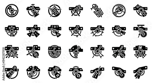Collection of various gun and badge icons in black and white illustration style
