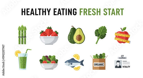 Flat illustration with healthy food icons asparagus strawberries avocados greens apple smoothie salad fish organic box and vitality card