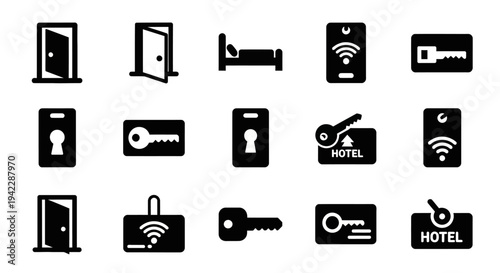Collection of hotel icons representing various aspects of hospitality and accommodation services