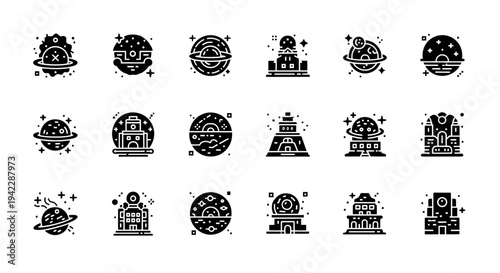 Collection of Architectural Icons and Landmarks Illustrated in Black and White