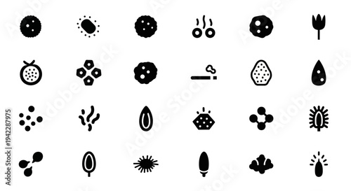 Collection of various black silhouettes of microorganisms and cells against a clean background viewed from a straightforward perspective