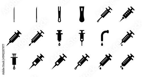 Collection of Medical Syringes and Needles Icons Set Against a Clean Background from a Straight-On Viewpoint
