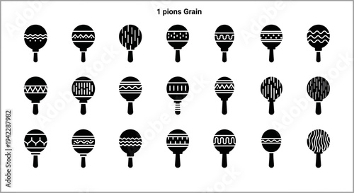 A collection of 18 black silhouettes of grains in various patterns and designs are arranged in a grid on a white background