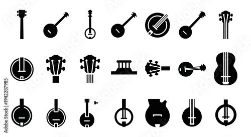 Collection of Various Musical Instruments Illustrated in Black Silhouettes on a Plain Background from Different Viewpoints
