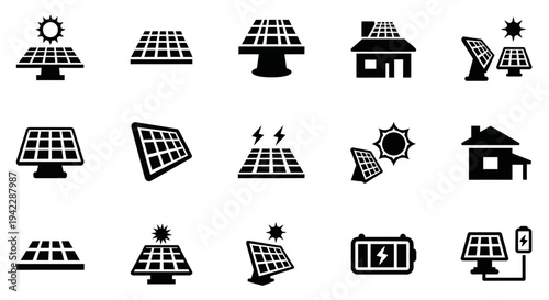 Various solar panel icons illustrating different aspects of renewable energy technology and installation