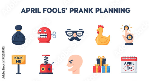 Ten icons illustrating April Fools Day prank planning are arranged in two rows