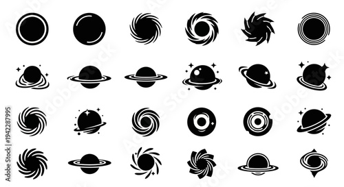 Collection of black and white illustrations featuring various celestial bodies and abstract spiral designs