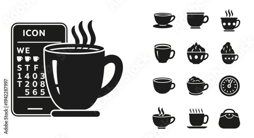 Collection of coffee cup icons displayed alongside a mobile device screen, illustrating various beverage representations, digital media, flat design.