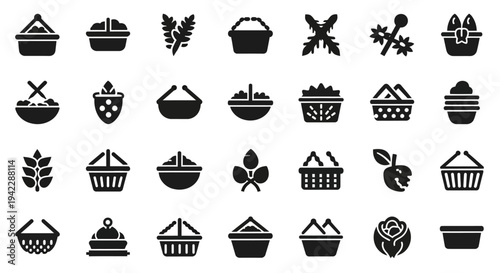 A collection of baking icons featuring cakes and desserts displayed in a grid pattern.