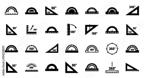 Various geometric shapes and protractors illustrating different angles and measurements displayed on a clean white background