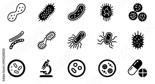 Various microorganisms and medical icons depicted in a collection of black illustrations on a white background viewed from directly above