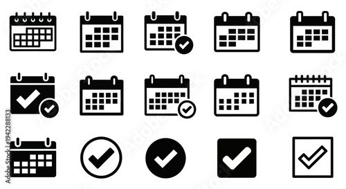 Set of simple black calendar and checkmark icons on white background displayed from various viewpoints