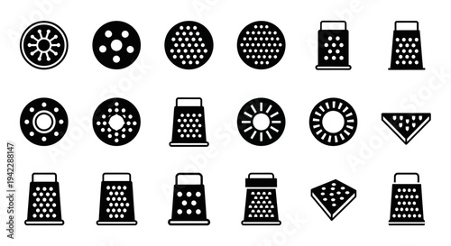 Collection of various kitchen grater icons displayed on a clean white background from a straightforward viewpoint