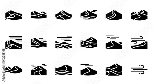 Collection of abstract black and white shoe icons displayed on a plain white background from various viewpoints