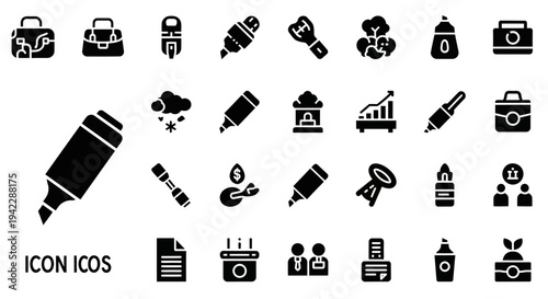 Collection of black icons representing various office supplies and tools for work and creativity on a white background viewed from directly above