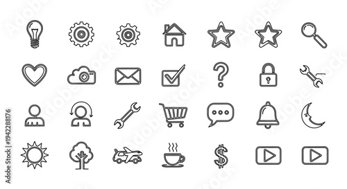 Collection of simple line icons representing various concepts and objects on a clean white background, viewed directly from the front