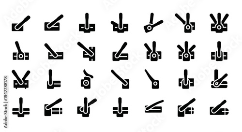 Collection of simple black icons representing various tools and machinery parts displayed on a clean white background from a straightforward viewpoint