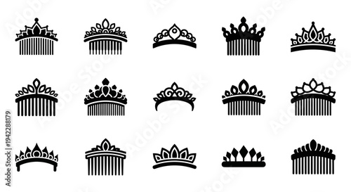 Collection of ornate crowns displayed in a grid pattern on a clean white background from a direct viewpoint