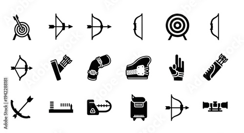 Collection of black icons representing various sports equipment and actions on a plain background viewed from a straightforward perspective