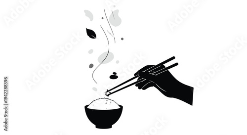 Stylized illustration of a hand using chopsticks to eat steaming rice, capturing the essence of Asian cuisine