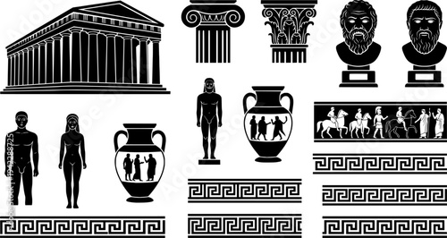 Ancient Greek Architecture & Art Engravings Vector Set: Vintage Columns, Temples, Sculptures, Vases, and Mythology Motifs. Historical Building & Culture Illustrations.