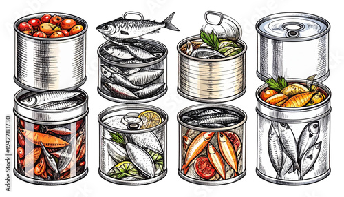 A colorful vector illustration of canned food on transparent background