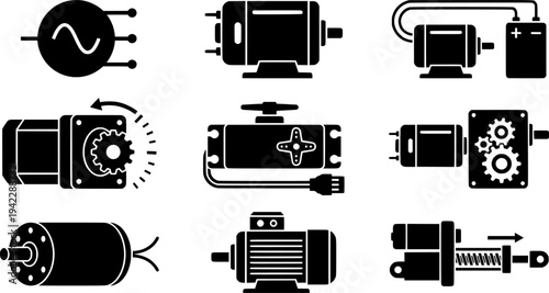 Electric Motors & Drives Outline Icon Set. AC, DC, Stepper, Servo Motors, Gearmotor. Industrial, Engineering, & Automation Technology.
