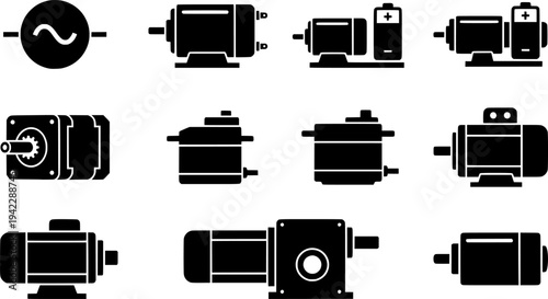 Electric Motors & Drives Outline Icon Set. AC, DC, Stepper, Servo Motors, Gearmotor. Industrial, Engineering, & Automation Technology.
