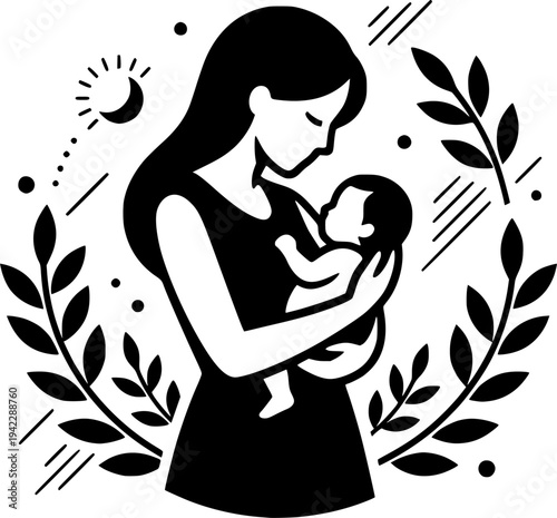 Geometric Mother Baby Abstract Vector Art - Bauhaus Style Black White Shapes Modern Minimal Mother's Day Flat Illustration Design
