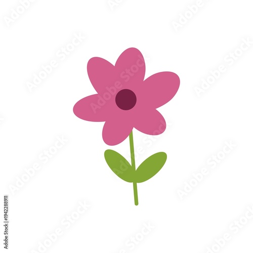 Simple pink floral icon with green leaves on clean background