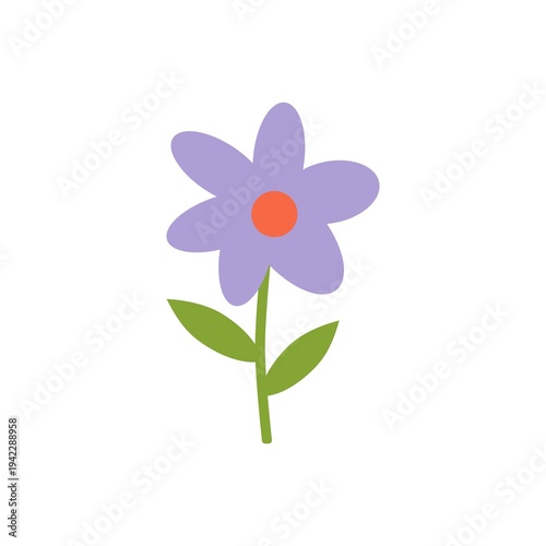 Minimal Flat Design Purple Blossom with Stem and Leaves