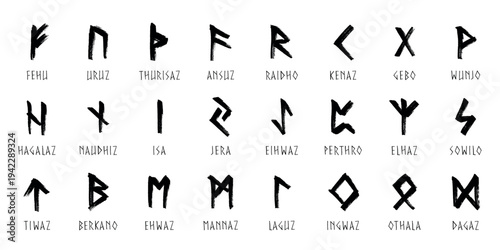 Set of hand drawn viking runes Ancient scandinavian futhark germanic celtic alphabet clipart in doodle style Single element for print, web, design, decor