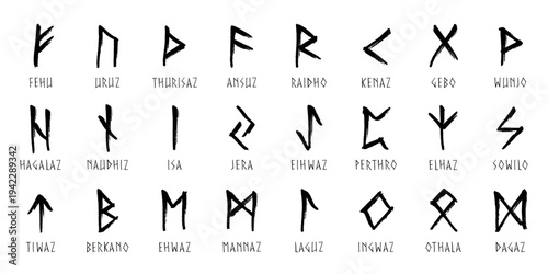 Set of hand drawn viking runes Ancient scandinavian futhark germanic celtic alphabet clipart in doodle style Single element for print, web, design, decor