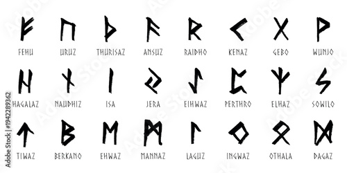 Set of hand drawn viking runes Ancient scandinavian futhark germanic celtic alphabet clipart in doodle style Single element for print, web, design, decor