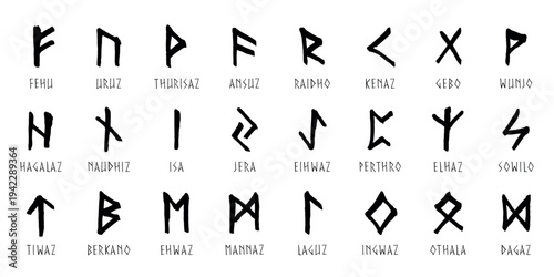 Set of hand drawn viking runes Ancient scandinavian futhark germanic celtic alphabet clipart in doodle style Single element for print, web, design, decor