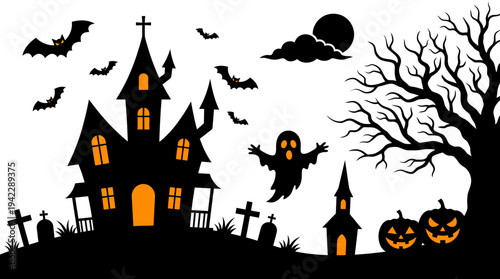 Spooky Halloween Silhouette Scene with Haunted House, Cemetery, Gnarled Tree, Ghost, Bats and Glowing Jack-o'-Lanterns Isolated on White