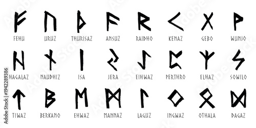 Set of hand drawn viking runes Ancient scandinavian futhark germanic celtic alphabet clipart in doodle style Single element for print, web, design, decor