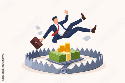Businessman Falling into a Large Bear Trap Baited with Cash and Gold Coins, Concept of Financial Risk, Greed, Investment Scam, Debt Trap, and Business Failure in Flat Vector Illustration Style
