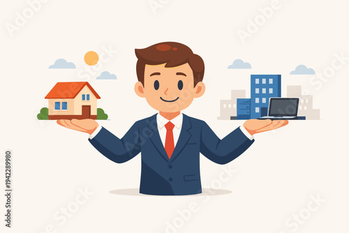Businessman in Suit Balancing Work and Life Holding a House and an Office Building with Laptop in Hands, Flat Vector Illustration Representing Career Choice, Professional Lifestyle and Harmony.