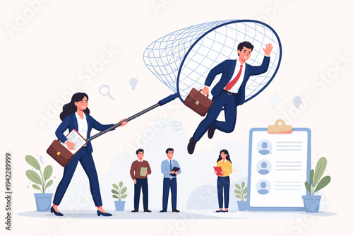 Talent Recruiting and Headhunting Concept with HR Professional Catching the Best Candidate with a Net for a Job Vacancy. Human Resources Management, Hiring Process, and Career Growth Vector Design.