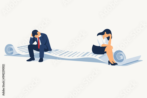 Vector illustration of a stressed businessman and woman sitting on a massive, long paper scroll contract, feeling overwhelmed, desperate, and exhausted by complex legal terms or heavy debt.