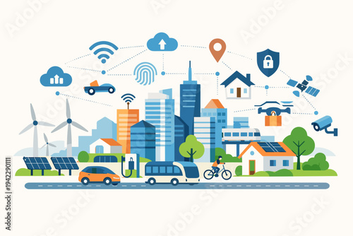 Smart city flat vector illustration with interconnected digital technology, renewable energy, wind turbines, solar panels, electric vehicles, IoT icons, drone delivery, and urban infrastructure.