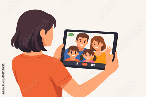 Woman holding tablet computer having video chat with happy smiling family. Flat vector illustration of remote communication, digital connection, and staying in touch with relatives via internet.