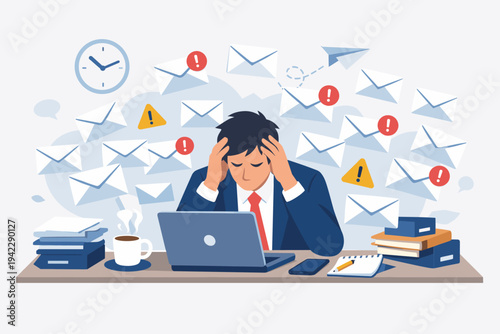 Overwhelmed businessman sitting at office desk with laptop feeling stressed and exhausted by email overload and many unread messages, burnout and deadline pressure concept vector illustration.
