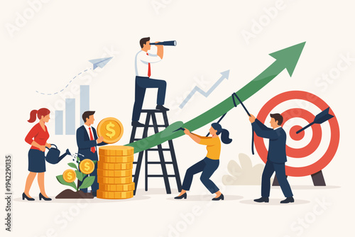 Business Team Working Together for Financial Growth and Success Concept with People Watering Money Plant, Stacking Gold Coins, and Pulling Up Profit Arrow Towards a Target Goal Flat Vector