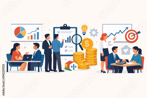 Vector illustration of professional businesspeople and financial advisors working together to provide expert investment strategies, wealth management, and real estate consulting services to clients.