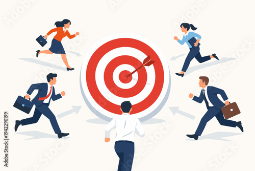 Business People Running from Different Directions Towards a Large Bullseye Target. Flat Vector Illustration of Professionals Competing for Success, Shared Corporate Goals, and Career Ambition.